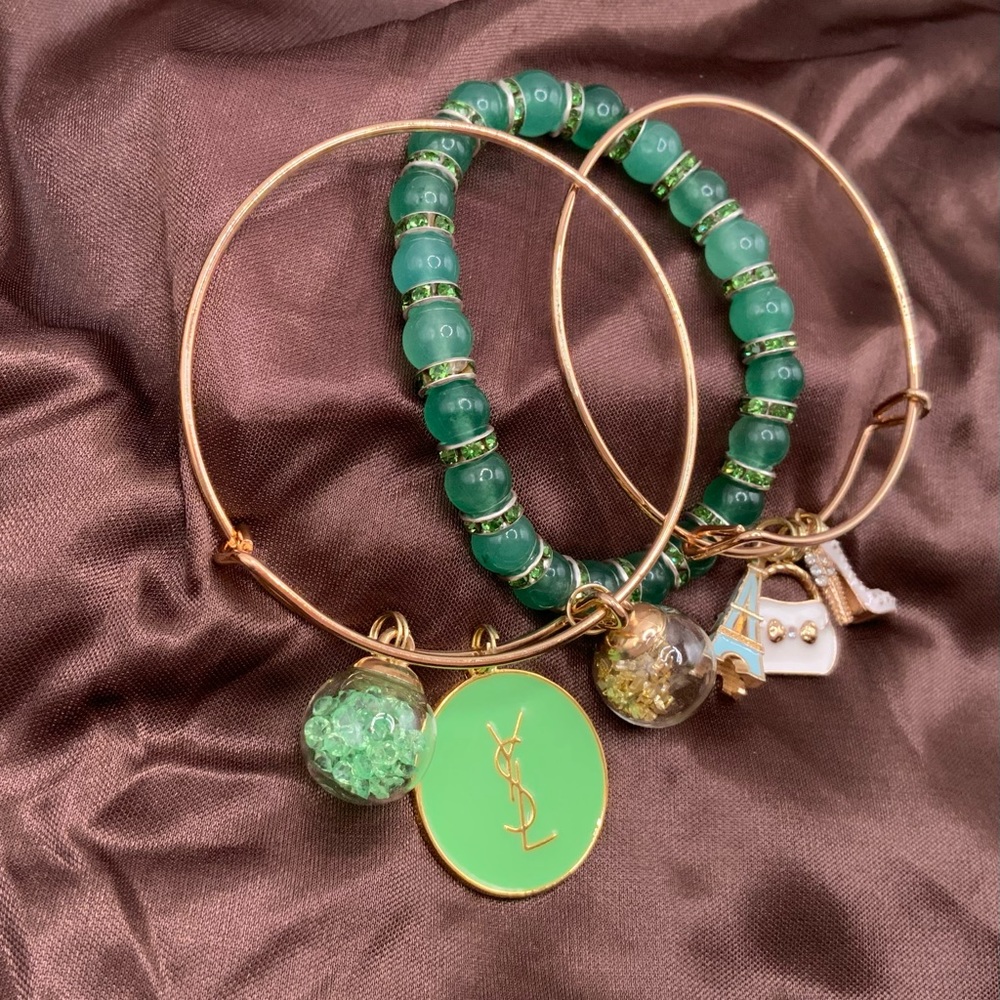 Set of 3 Handmade Green Two Bangles One Beaded Bracelets